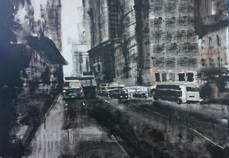 painting of New York City black and white